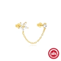 S925 sterling silver gold plated chain earring with zircon flower and crystal studs - Single Gold #1-Five-Petal Flower