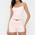 Pink yoga set with strapless tank top and high-waisted shorts featuring side pockets - S / Top And Bottom / Light Pink