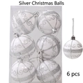Set of 6 white Christmas tree ornaments with silver glitter swirls and hanging caps - J-White Ball with Silver Painting