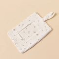 Detail of baby crib wipes bag with gray star moon print and clear plastic window - Grey Star Moon