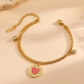 Double-layered 18K gold plated stainless steel heart bracelet with red inlay and cubic zirconia - Double Layer Chain Heart With Two Stones Bracelet (D816)