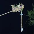 Goldener Phönix Haarstab mit lila Emaille und langen Perlenquasten Anhänger - Lila Phönix Künstliche Perle Quaste (1855)