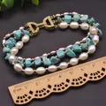 Three-layer baroque pearl and turquoise bracelet with a sparkling gold bow clasp - Turquoise Three-layer Pearl Bracelet