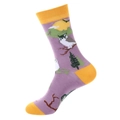Purple and yellow cotton crew socks featuring woodland owl and tree forest patterns - Purple Owl Style (1130)