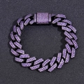 Bracciale cubano da uomo 15mm con zirconi viola e maglie a rombo su base in metallo nero - 7" / Viola