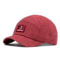 Dark red waffle pattern camper cap with a rectangular fabric patch and curved short brim - Red