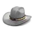 Vintage western cowboy hat with silver-black stripes and decorative metal bull emblem - M (56-58cm) / Silver Gray