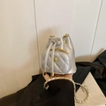 Quilted silver drawstring mini bucket bag for girls with golden flower logo and chain strap - Silver