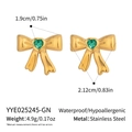 Detail view of gold bow earrings with green heart zircon and size dimensions - Green Heart Gemstone Gold Bow Style (YYE025245-GN)