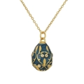 Teal enamel egg-shaped pendant with gold finish and sparkling crystal accents on chain - Pendant + Stainless Steel Lip Chain / Navy Blue