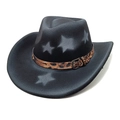 Western cowboy hat in black felt with star patterns and leopard print belt accent - M (56-58cm) / Black