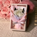 Three white soap roses in gift box with pink wrap and Just For You ribbon - 3 Milky White Roses (3075-5)