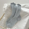 Light blue crew socks with ruffle cuffs and ribbed knit texture for a sweet style - One Size / Milky Blue