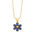 Detailed macro of gold beaded chain and flower pendant with six blue pear-shaped petals - Blue