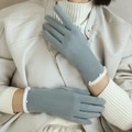 Women's warm gray-blue touch screen thermal gloves with soft faux suede and pearl trim - One Size / Gray