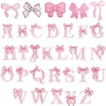 Set of 26 pink embroidered alphabet letters and 5 bow patches on a white background - Bow Alphabet Patch Set