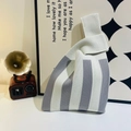 Knit knot tote bag with grey and white stripes, soft fabric and handheld design - Striped Gray Beige
