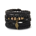 Detail of multi-layer leather bracelet set with wooden beads and bronze leaf pendant - Black Wood Beads Bronze Leaf Style (BR22Y0229)