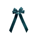 Detailed view of elegant dark green satin bow hair ribbon with long flowing streamers - Green