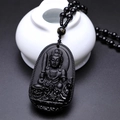 Black obsidian Manjushri Bodhisattva pendant necklace with engraved bead detail - Rabbit (Manjusri) - With Bead Chain
