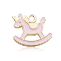 Pink enamel unicorn rocking horse pendant with gold metal frame and hanging loop - Pink Unicorn