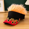Novelty sun visor with orange wig hair and yellow flame embroidery on black and red base - Black + Orange Hair