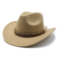 Detail of western cowboy hat with ethnic bead band and stitched brim on khaki felt - M (56-58cm) / Camel