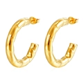 Detail shot of golden C-shaped stainless steel earrings with textured bamboo wave patterns - Bamboo Texture Hollow C-Shaped Gold (MS-527C)