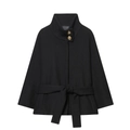 Abrigo corto de lana negra para mujer con cuello alto, cinturón y botones dorados - XS / Negro