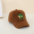 Close-up of green dinosaur embroidery on a dark brown corduroy baseball cap fabric - 52CM(2-6 Years) / Coffee