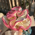 Oversized cream scrunchie with pink scallop trim and green button accent detail - Pink Trim Cream White Scrunchie with Green Button