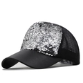 Detail of silver sequins and breathable mesh on a black baseball cap for women - Adjustable / Silver Sequin (JX-380102)