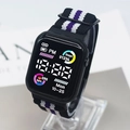 LED digital watch with black square case and black, white, purple striped nylon strap - Black White Purple Patchwork