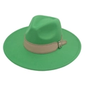 Detail of green fedora hat featuring a wide brim and beige leather strap with metal buckle - Grass Green