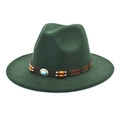 Detail of dark green fedora hat featuring a leather band with turquoise and wooden beads - M (56-58cm) / Dark Green