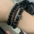 Luxury beaded men's bracelets featuring matte black stone beads and silver lion crown charm - Double Crown Black Agate Set