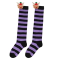 Close-up of purple and black striped long socks with 3D reindeer doll decorations - Kids (7-12 Years Old) / Purple Black Stripes / Red Hat Reindeer
