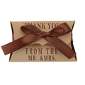 Brown kraft paper pillow gift box with Thank You print and a brown satin ribbon bow - Vintage Pillow Box + Brown Ribbon