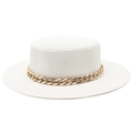 White flat top straw boater hat for women with bold gold chain band and wide brim for summer - White