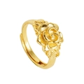 Adjustable golden open ring featuring a 3D rose flower design in polished brass alloy - Redbud Flower (J2320)