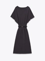 Detail of grey knitted midi dress featuring batwing sleeves and a thin black belt - S / Dark Gray