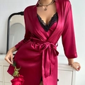 Elegant burgundy satin sleepwear set with lace trim and matching belted robe - S / Red