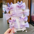 Set of 8 purple kids hair clips with tulle bows, fuzzy balls, and pearls on a card - Hair Clip Set (With Cardboard) / Set of 8 / Purple Ears (23#)