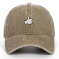 Close-up of khaki washed cotton baseball cap featuring a white Shaka hand embroidery - Khaki