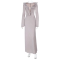 Detail of light pink long sleeve dress showing V-neckline and shimmering metallic fabric - S / Silver