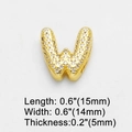 Detail view of gold zircon letter W pendant showing 15mm length and 14mm width dimensions - Letter W