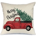 Linen Christmas pillow cover featuring a red vintage truck and Merry Christmas text - A-13