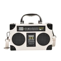 White vintage radio style crossbody bag with boom print and silver metal handle - White