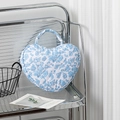 Quilted heart-shaped makeup bag with blue floral pattern and top handle design - White Base Blue Orchid