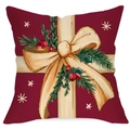 Dunkelrote Weihnachtskissenhülle mit goldener Schleife und festlichem Tannendesign - 45*45cm Leinen Einseitig Ohne Füllung / Goldene Schleife Beere